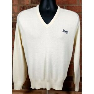 Pinnacle 80s Vtg Jeep V Neck Sweater Mens Medium Ivory Cream Acrylic USA